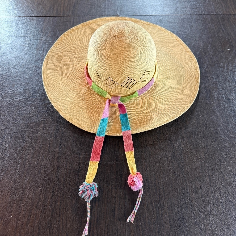 Artisanal Colorful Panama Style Straw Sun Hat with Stripes and Pom Poms